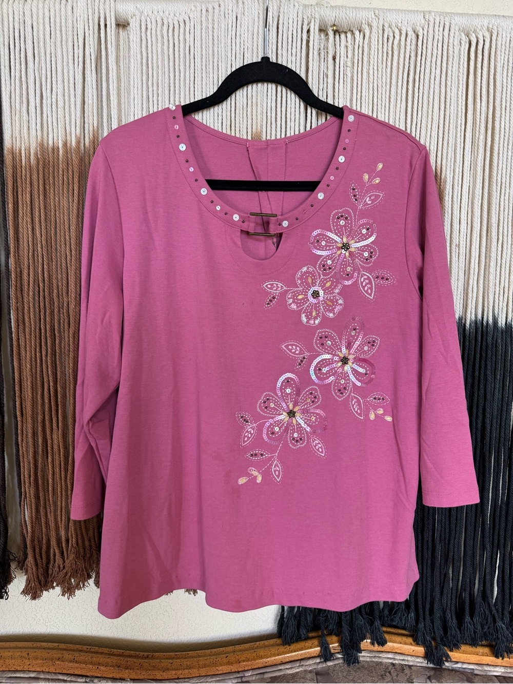 Pink 3/4 sleeve floral embroidered top with sequins; good condition